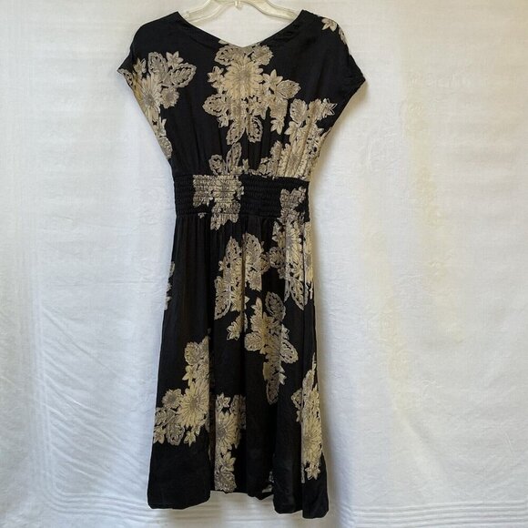 Banana Republic Silk Dress  Womens 6 Black Beige Floral Wedding Romantic Whimsy - Picture 7 of 13